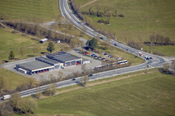 Aerial view, bus company RLG Regionalverkehr Ruhr-Lippe, Brilon, Sauerland, North Rhine-Westphalia, Germany, buses, DE, Europe, aerial view, aerial photography, aerial photography, local transport, overview, bird's-eye view, overview
