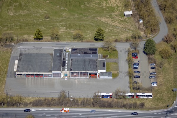 Aerial view, bus company RLG Regionalverkehr Ruhr-Lippe, Brilon, Sauerland, North Rhine-Westphalia, Germany, buses, DE, Europe, aerial view, aerial photography, aerial photography, local transport, overview, bird's-eye view, overview