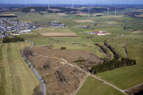 Aerial view, landscape conservation area Grünlandgürtel am Südfeld, equestrian centre Neue Herrlichkeit, Altenbüren, Brilon, Sauerland, North Rhine-Westphalia, Germany, Auf'm Warenberg, DE, Europe, aerial view, aerial photography, aerial photography, boarding stable, horses, horse boarding, equestrian sport, riding centre, riding stable, overview, bird's-eye view, overview