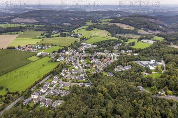 Aerial view, hilly landscape and local view with specialised hospital Homborn and short-term home Homborn in the district Zurstraße in Breckerfeld, Sauerland, North Rhine-Westphalia, Germany, Breckerfeld, DE, Europe, property tax, real estate, aerial view, aerial photography, aerial photography, overview, bird's-eye view, residential complex, living and living, residential area, residential buildings, quality of life, birds-eyes view, overview