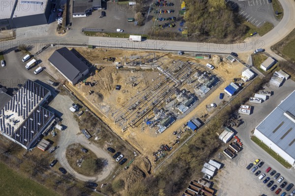 Aerial view, industrial estate Ostring, construction site EnergieStation Brilon, Brilon, Sauerland, North Rhine-Westphalia, Germany, DE, energy supplier, energy industry, Europe, aerial photograph, aerial photography, aerial photography, overview, bird's-eye view, overview