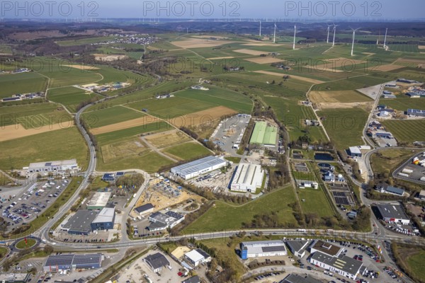 Aerial view, commercial area Möhnestraße, Brilon, Sauerland, North Rhine-Westphalia, Germany, DE, Europe, distant view, commercial enterprises, commercial area, commercial area, commercial location, commercial use, industrial area, industrial location, roundabout, roundabout, aerial photograph, aerial photography, aerial photography, mosaic form, overview, bird's-eye view, meadows and fields, birds-eyes view, overview