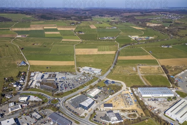 Aerial view, commercial area Möhnestraße, Brilon, Sauerland, North Rhine-Westphalia, Germany, DE, Europe, distant view, commercial enterprises, commercial area, commercial area, commercial location, commercial use, industrial area, industrial location, roundabout, roundabout, aerial photograph, aerial photography, aerial photography, mosaic form, overview, bird's-eye view, meadows and fields, birds-eyes view, overview