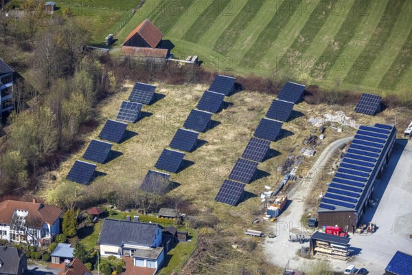 Aerial view, Franz-Heinrich Kraft sawmill and timber business with solar plant, Nordstraße, Brilon, Sauerland, North Rhine-Westphalia, Germany, DE, Europe, commercial enterprises, commercial area, commercial site, commercial use, aerial view, aerial photography, aerial photography, photovoltaic, photovoltaic plant, solar, solar plant, solar energy, solar energy, overview, bird's-eye view, bird's-eye view, overview