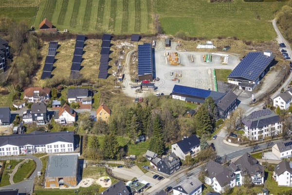 Aerial view, Franz-Heinrich Kraft sawmill and timber trade with solar plant, Nordstraße, Brilon, Sauerland, North Rhine-Westphalia, Germany, DE, Europe, commercial enterprises, commercial area, commercial site, commercial use, aerial view, aerial photography, aerial photography, photovoltaics, photovoltaic plant, solar, solar plant, solar energy, solar energy, overview, bird's-eye view, bird's-eye view, overview
