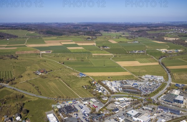 Aerial view, commercial area Möhnestraße, Brilon, Sauerland, North Rhine-Westphalia, Germany, DE, Europe, distant view, commercial enterprises, commercial area, commercial area, commercial location, commercial use, industrial area, industrial location, roundabout, roundabout, aerial photograph, aerial photography, aerial photography, mosaic form, overview, bird's-eye view, meadows and fields, birds-eyes view, overview