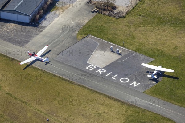 Aerial photo, Brilon Hochsauerland airfield, Zum alten Tower, petrol station, EFR Brilon landing site, Brilon, Sauerland, North Rhine-Westphalia, Germany, terminal building, DE, Europe, airport, airfield, Hochsauerlandkreis, runway, aerial photo, aerial photography, aerial photography, Luftsportverein Brilon e.V., runway, Thülener Bruch, overview, bird's-eye view, birds-eyes view, overview