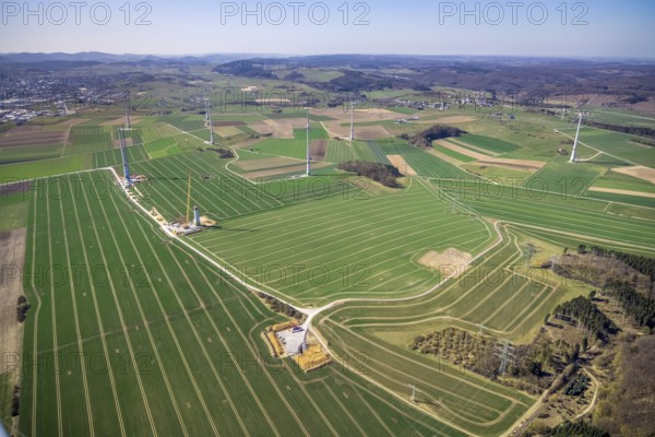 Aerial view, construction site new wind turbines, Oberalme, Brilon, Sauerland, North Rhine-Westphalia, Germany, alternative energy, DE, Europe, aerial view, aerial photography, aerial photography, overview, bird's-eye view, meadows and fields, wind energy, wind turbine, wind power, wind turbine, wind turbines, birds-eyes view, overview