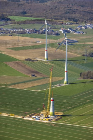 Aerial view, construction site new wind turbines, Oberalme, Brilon, Sauerland, North Rhine-Westphalia, Germany, alternative energy, DE, Europe, aerial view, aerial photography, aerial photography, nature reserve Halle, overview, bird's eye view, meadows and fields, wind energy, wind turbine, wind power, wind turbine, wind turbines, birds-eyes view, overview