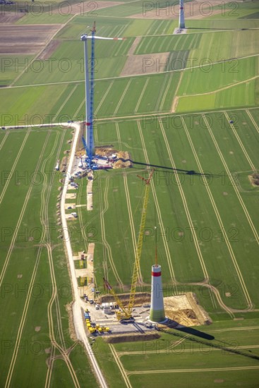 Aerial view, construction site new wind turbines, Oberalme, Brilon, Sauerland, North Rhine-Westphalia, Germany, alternative energy, DE, Europe, aerial view, aerial photography, aerial photography, overview, bird's-eye view, meadows and fields, wind energy, wind turbine, wind power, wind turbine, wind turbines, birds-eyes view, overview