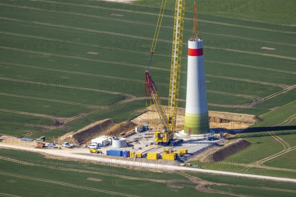 Aerial view, construction site new wind turbines, Oberalme, Brilon, Sauerland, North Rhine-Westphalia, Germany, alternative energy, DE, Europe, aerial view, aerial photography, aerial photography, overview, bird's-eye view, meadows and fields, wind energy, wind turbine, wind power, wind turbine, wind turbines, birds-eyes view, overview