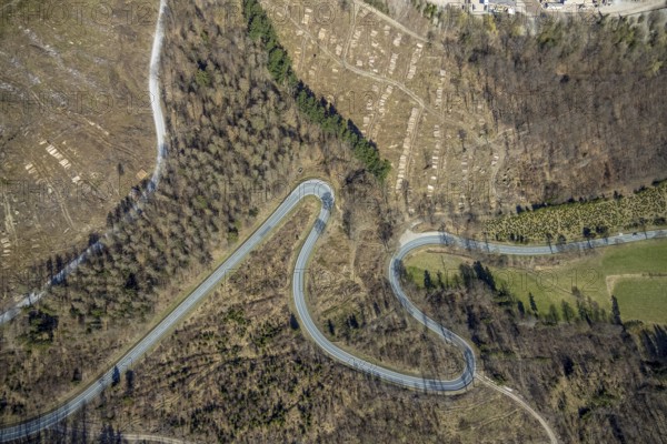 Aerial view, Bilsteinhalde, serpentines, forest dieback, hairpin bend, motorbike route, Gudenhagen, Brilon, Sauerland, North Rhine-Westphalia, Germany, DE, Europe, aerial view, aerial photography, aerial photography, road traffic, overview, bird's-eye view, forest, forest area, forest damage, birds-eyes view, overview