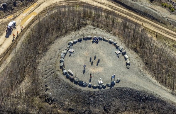 Aerial view, stone circle and viewpoint at Bilstein quarry, Brilon, Sauerland, North Rhine-Westphalia, Germany, viewpoint, Bilsteinhalde, DE, Europe, aerial view, aerial photography, aerial photography, quarry, overview, bird's-eye view, birds-eyes view, overview