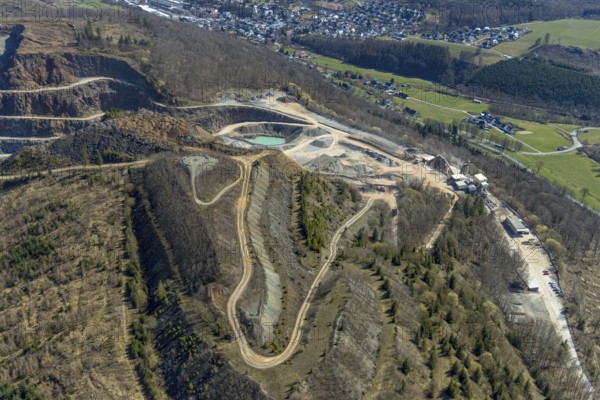 Aerial view, Bilstein Quarry, West German Greywacke Union, stone circle and viewpoint, Brilon, Sauerland, North Rhine-Westphalia, Germany, Bergisch-Westerwälder Hartsteinwerke, Bilsteinhalde, DE, Europe, distant view, Hochsauerlandkreis, aerial view, aerial photography, aerial photography, quarry, overview, bird's-eye view, branch office of Basalt AG, birds-eyes view, overview