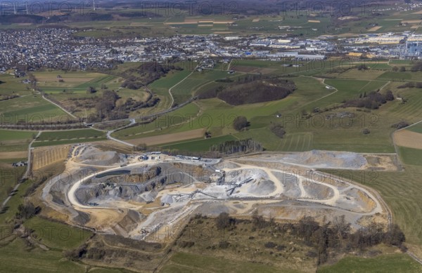 Aerial photograph, Galmeistraße quarry at the Müllstein nature reserve, Brilon, Sauerland, North Rhine-Westphalia, Germany, DE, Europe, hilly landscape, landscape, landscape conservation area, aerial photograph, aerial photography, aerial protection, nature reserve, Müllstein nature reserve, Tettler nature reserve, quarry, overview, bird's-eye view, forest area, birds-eyes view, overview