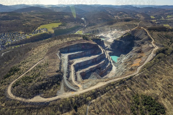 Aerial view, Bilstein quarry, Westdeutsche Grauwacke-Union, Brilon, Sauerland, North Rhine-Westphalia, Germany, Bergisch-Westerwälder Hartsteinwerke, Bilsteinhalde, DE, Europe, distant view, Hochsauerlandkreis, aerial view, aerial photography, aerial photography, quarry, overview, bird's-eye view, branch office of Basalt AG, birds-eyes view, overview
