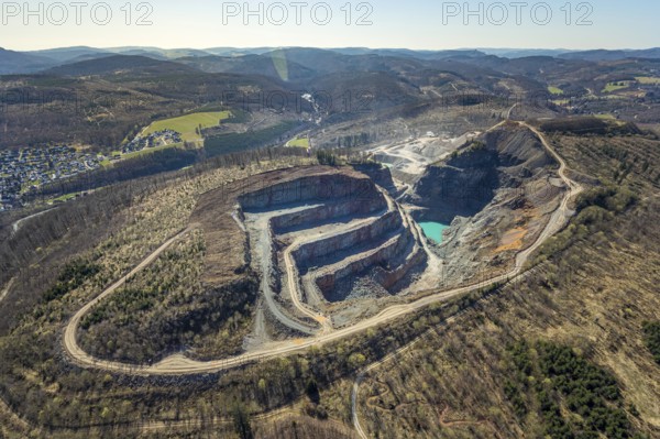 Aerial view, Bilstein quarry, Westdeutsche Grauwacke-Union, Brilon, Sauerland, North Rhine-Westphalia, Germany, Bergisch-Westerwälder Hartsteinwerke, Bilsteinhalde, DE, Europe, distant view, Hochsauerlandkreis, aerial view, aerial photography, aerial photography, quarry, overview, bird's-eye view, branch office of Basalt AG, birds-eyes view, overview