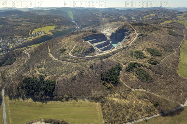 Aerial view, Bilstein quarry, Westdeutsche Grauwacke-Union, Brilon, Sauerland, North Rhine-Westphalia, Germany, Bergisch-Westerwälder Hartsteinwerke, Bilsteinhalde, DE, Europe, distant view, Hochsauerlandkreis, aerial view, aerial photography, aerial photography, quarry, overview, bird's-eye view, branch office of Basalt AG, birds-eyes view, overview