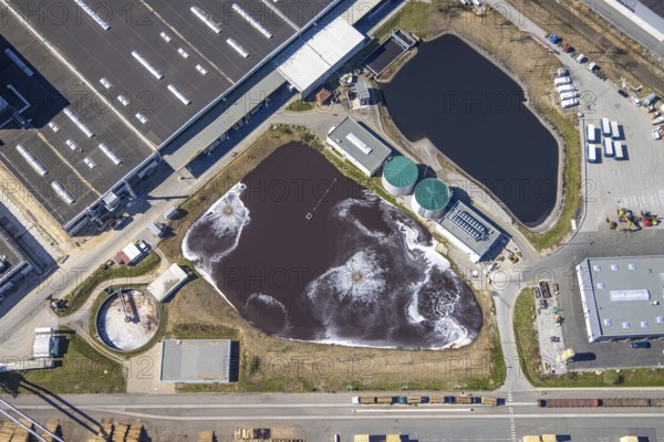 Aerial photograph, Egger Holzwerkstoffe Brilon, sewage treatment plant, Brilon, Sauerland, North Rhine-Westphalia, Germany, DE, Europe, commercial enterprises, commercial area, commercial site, commercial use, industrial area, industrial site, aerial photograph, aerial photography, aerial photography, overview, bird's-eye view, birds-eyes view, overview