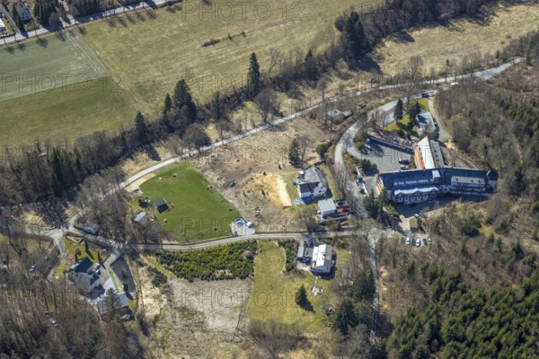 Aerial view, Kursanatorium Hochsauerland Haus der Kriegsblinden, Kriegsblinden-Hilfsverein Westfalen, Pulvermühle, Gudenhagen, Brilon, Sauerland, North Rhine-Westphalia, Germany, DE, Europe, health care, clinic, aerial view, aerial photography, aerial photography, medical facility, medical aid, Mother of God of Mercy, sanatorium, overview, bird's-eye view, overview, medical care