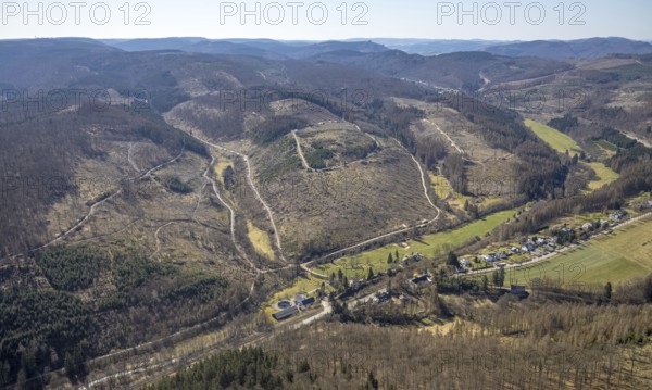 Aerial view, forest dieback, Middle Hoppecke Valley, Krahwinkel Pulvermühle landscape conservation area, Gudenhagen, Brilon, Sauerland, North Rhine-Westphalia, Germany, DE, Europe, hilly landscape, landscape conservation area, aerial photograph, aerial photography, aerial photography, Schmelterfeld, overview, bird's-eye view, forest, forest area, forest damage, birds-eyes view, overview