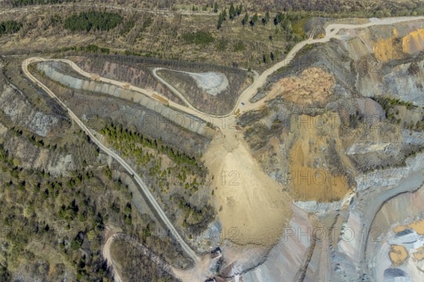 Aerial view, Bilstein quarry, after blasting, Westdeutsche Grauwacke-Union, Brilon, Sauerland, North Rhine-Westphalia, Germany, Bergisch-Westerwälder Hartsteinwerke, Bilsteinhalde, DE, Europe, distant view, Hochsauerlandkreis, aerial view, aerial photography, aerial photography, quarry, overview, bird's-eye view, branch office of Basalt AG, birds-eyes view, overview