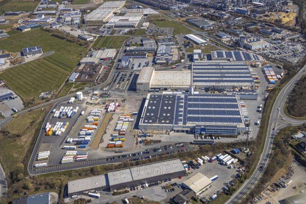 Aerial view, commercial area Ostring, Briloner Möbel Werke, Egger Holzwerkstoffe Brilon, Brilon, Sauerland, North Rhine-Westphalia, Germany, DE, Europe, commercial enterprises, commercial area, commercial location, commercial use, industrial area, industrial location, aerial photograph, aerial photography, aerial photography, photovoltaics, photovoltaic plant, solar, solar plant, solar energy, solar energy, overview, bird's-eye view, birds-eyes view, overview