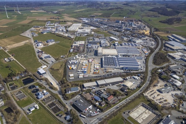 Aerial view, commercial area Ostring, Briloner Möbel Werke, Egger Holzwerkstoffe Brilon, Brilon, Sauerland, North Rhine-Westphalia, Germany, DE, Europe, commercial enterprises, commercial area, commercial location, commercial use, industrial area, industrial location, aerial photograph, aerial photography, aerial photography, photovoltaics, photovoltaic plant, solar, solar plant, solar energy, solar energy, overview, bird's-eye view, birds-eyes view, overview