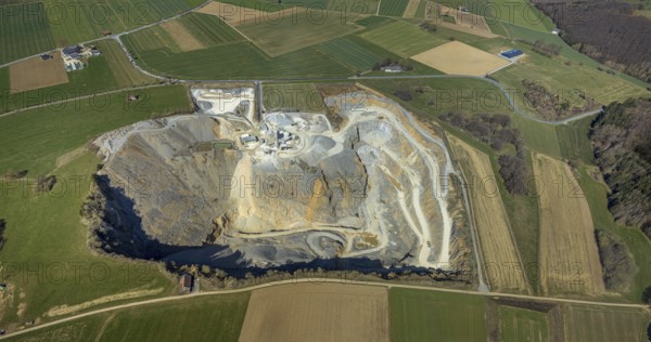 Aerial view, Thülen gravel works, Thülen, Brilon, Sauerland, North Rhine-Westphalia, Germany, DE, Europe, Hochsauerlandkreis, aerial view, aerial photography, aerial photography, mosaic shape, quarry, overview, bird's-eye view, forest area, meadows and fields, birds-eyes view, overview