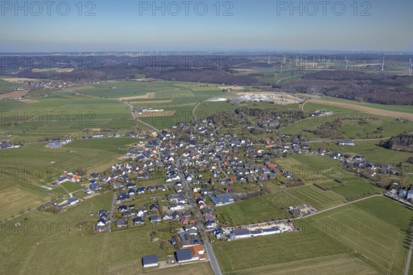 Aerial view, local view with quarry Schotterwerk Thülen, Thülen, Brilon, Sauerland, North Rhine-Westphalia, Germany, DE, Europe, property tax, real estate, aerial view, aerial photography, aerial photography, quarry, overview, bird's eye view, WEA, meadows and fields, wind energy, wind energy plant, wind power, wind power plant, wind farm, wind turbines, residential area, residential area, residential buildings, residential quality, residential neighbourhood, residential estate, birds-eyes view, overview