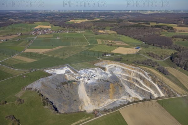 Aerial view, Thülen gravel works, Thülen, Brilon, Sauerland, North Rhine-Westphalia, Germany, DE, Europe, Hochsauerlandkreis, aerial view, aerial photography, aerial photography, mosaic shape, quarry, overview, bird's-eye view, forest area, meadows and fields, birds-eyes view, overview