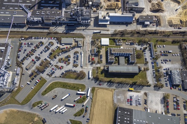 Aerial photo, Egger Holzwerkstoffe Brilon, Brilon, Sauerland, North Rhine-Westphalia, Germany, DE, Europe, commercial enterprises, commercial area, commercial area, commercial location, commercial use, industrial area, industrial location, aerial photograph, aerial photography, aerial photography, car parks, overview, bird's-eye view, birds-eyes view, overview