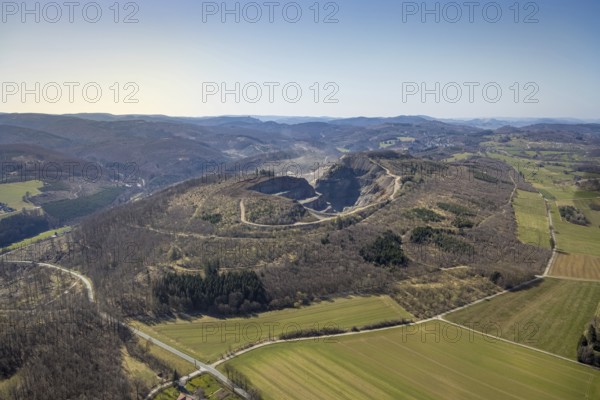 Aerial view, Bilstein quarry, Westdeutsche Grauwacke-Union, Brilon, Sauerland, North Rhine-Westphalia, Germany, Bergisch-Westerwälder Hartsteinwerke, Bilsteinhalde, DE, Europe, distant view, Hochsauerlandkreis, aerial view, aerial photography, aerial photography, quarry, overview, bird's-eye view, branch office of Basalt AG, birds-eyes view, overview