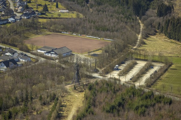 Aerial view, Kyrill-Tor at Briloner Bürgerwald, Petersborn, Brilon, Sauerland, North Rhine-Westphalia, Germany, DE, Europe, spruce trunks, community centre green-white, art, aerial view, aerial photography, aerial photography, memorial, sight, sports field, symbol, overview, bird's-eye view, overview