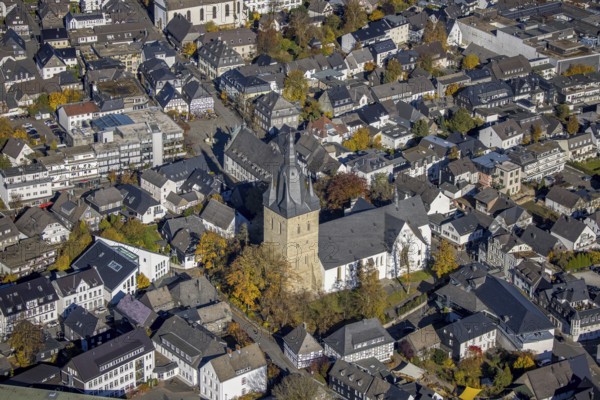 Aerial view, city centre view with market place and catholic provost church in Brilon, Sauerland, North Rhine-Westphalia, Germany, place of worship, Brilon, DE, Europe, religious community, place of worship, holy place, church, parish, denomination, aerial view, aerial photography, aerial photography, market, religion, religious site, overview, bird's eye view, birds-eyes view, overview