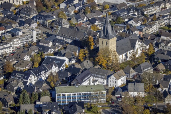 Aerial view, city centre view with catholic provost church in Brilon, Sauerland, North Rhine-Westphalia, Germany, place of worship, Brilon, DE, Europe, religious community, place of worship, holy place, church, parish, denomination, aerial view, aerial photography, aerial photography, religion, religious site, overview, bird's eye view, birds-eyes view, overview