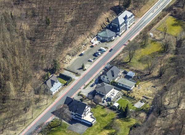 Aerial view, Schlosshotel Helax, Korbacher Straße, permanently closed, Brilon-Wald, Brilon, Sauerland, North Rhine-Westphalia, Germany, federal road B251, DE, Europe, gastronomy, hotel, hotel facilities, hotel business, aerial photography, aerial photography, aerial photography, overview, bird's-eye view, overview