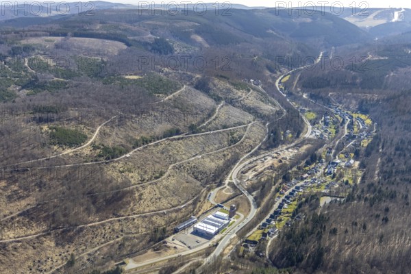 Aerial view, construction site renovation of the B251 Korbacher Straße, Waldsterben, Brilon-Wald, Brilon, Sauerland, North Rhine-Westphalia, Germany, construction work, construction area, building site, building plots, construction measure, construction project, construction site, federal road B251, DE, renovation, vinegar tower, Europe, aerial view, aerial photography, aerial photography, North Rhine-Westphalia regional office Sauerland-Hochstift, renovation, refurbishment, tower, overview, bird's-eye view, overview