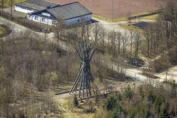 Aerial view, Kyrill-Tor at Briloner Bürgerwald, Petersborn, Brilon, Sauerland, North Rhine-Westphalia, Germany, DE, Europe, spruce trunks, community centre green-white, art, aerial view, aerial photography, aerial photography, memorial, sight, symbol, overview, bird's-eye view, overview