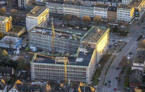 Aerial view, city centre view and new Bauknecht quarter with construction site at the RAG building at Hans-Böckler-Straße and Gleiwitzer Platz in the old town in Bottrop, Ruhr area, North Rhine-Westphalia, Germany, construction work, construction area, construction site, building plots, construction project, construction site, Bottrop, DE, Europe, aerial view, aerial photography, aerial photography, overview, bird's-eye view, overview