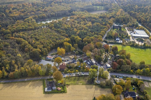 Aerial view, Grafenmühle gastronomy with Woodpeckers Roadhouse in the district Kirchhellen-Süd in Bottrop, Ruhr area, North Rhine-Westphalia, Germany, beer garden, biker meeting place, Bottrop, DE, Europe, inn, gastronomy, aerial view, aerial photography, aerial photography, restaurant, overview, bird's-eye view, overview, motorbike meeting place