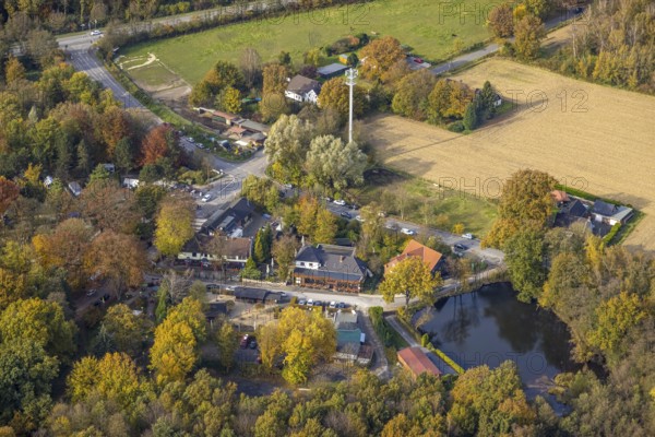 Aerial view, Grafenmühle gastronomy with Woodpeckers Roadhouse in the district Kirchhellen-Süd in Bottrop, Ruhr area, North Rhine-Westphalia, Germany, beer garden, biker meeting place, Bottrop, DE, Europe, inn, gastronomy, aerial view, aerial photography, aerial photography, restaurant, overview, bird's-eye view, overview, motorbike meeting place