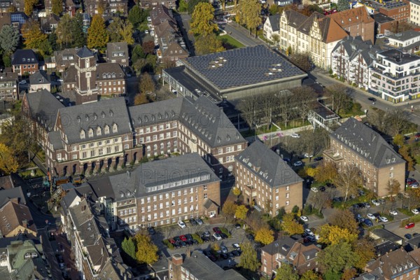 Aerial view, town hall and Saalbau event location in the Altstadt district of Bottrop, Ruhr area, North Rhine-Westphalia, Germany, authority, Bottrop, DE, Europe, culture, art, aerial photography, aerial photography, town hall, overview, venue, event location, bird's eye view, birds-eyes view, cultural use, overview