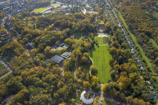 Aerial view, Josef Albers Museum Quadrat and Stadtgarten and Overbeckshof allotment garden association in the south-west district of Bottrop, Ruhr area, North Rhine-Westphalia, Germany, Bottrop, DE, Europe, community garden, autumn forest, allotment garden, allotment garden site, allotment garden association, aerial view, aerial photography, aerial photography, museum, allotment garden, overview, bird's-eye view, meadows and fields, birds-eyes view, overview