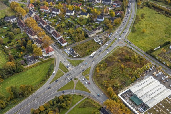 Aerial view, intersection Horster Straße and Brauckstraße with the toom DIY store in the district Boy in Bottrop, Ruhr area, North Rhine-Westphalia, Germany, Bottrop, DE, Europe, commercial enterprises, commercial space, commercial area, commercial location, commercial use, intersection, aerial view, aerial photography, aerial photography, road intersection, road traffic, overview, bird's eye view, birds-eyes view, overview