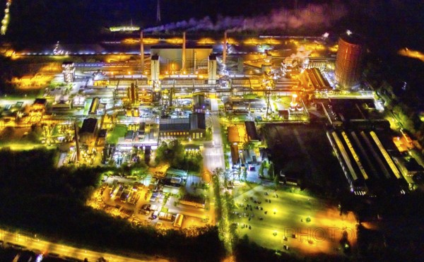Aerial view, Prosper coking plant, Boy, Bottrop, Ruhr area, North Rhine-Westphalia, Germany, outdoor lighting, Prosper-Haniel mine, DE, twilight, Europe, gasometer, commercial enterprises, commercial area, commercial area, commercial use, industrial area, industrial site, Bottrop coking plant, light pollution, aerial photography, aerial photography, night aerial photography, streetlights, street lamps, overview, bird's-eye view, illuminated, illuminated houses, illuminated house, birds-eyes view, artificial light, night, nightflight, overview