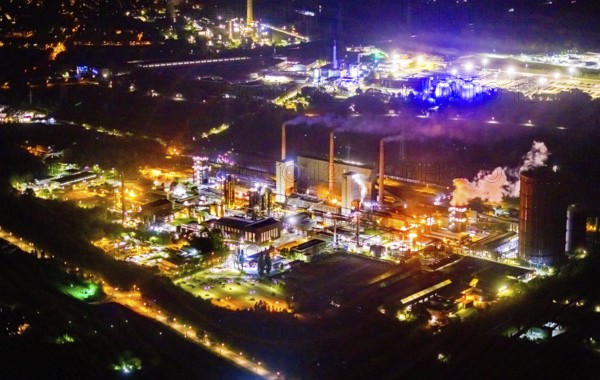 Aerial view, Prosper coking plant, Boy, Bottrop, Ruhr area, North Rhine-Westphalia, Germany, outdoor lighting, Prosper-Haniel mine, DE, twilight, Europe, gasometer, commercial enterprises, commercial area, commercial area, commercial use, industrial area, industrial site, Bottrop coking plant, light pollution, aerial photography, aerial photography, night aerial photography, streetlights, street lamps, overview, bird's-eye view, illuminated, illuminated houses, illuminated house, birds-eyes view, artificial light, night, nightflight, overview