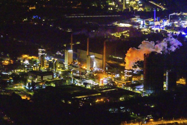 Aerial view, Prosper coking plant, Boy, Bottrop, Ruhr area, North Rhine-Westphalia, Germany, outdoor lighting, Prosper-Haniel mine, DE, twilight, Europe, gasometer, commercial enterprises, commercial area, commercial area, commercial use, industrial area, industrial site, Bottrop coking plant, light pollution, aerial photography, aerial photography, night aerial photography, streetlights, street lamps, overview, bird's-eye view, illuminated, illuminated houses, illuminated house, birds-eyes view, artificial light, night, nightflight, overview
