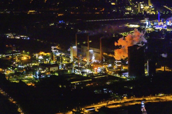 Aerial view, Prosper coking plant, Boy, Bottrop, Ruhr area, North Rhine-Westphalia, Germany, outdoor lighting, Prosper-Haniel mine, DE, twilight, Europe, gasometer, commercial enterprises, commercial area, commercial area, commercial use, industrial area, industrial site, Bottrop coking plant, light pollution, aerial photography, aerial photography, night aerial photography, streetlights, street lamps, overview, bird's-eye view, illuminated, illuminated houses, illuminated house, birds-eyes view, artificial light, night, nightflight, overview