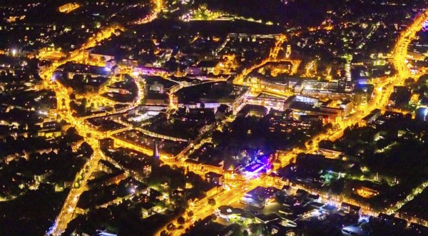 Aerial view, city, Hansa Zentrum, Berliner Platz shopping centre, south-west, Bottrop, Ruhr area, North Rhine-Westphalia, Germany, outdoor lighting, DE, twilight, shopping square, shopping centre, Europe, city centre, light pollution, aerial photography, aerial photography, night aerial photography, city centre, streetlights, street lamps, overview, bird's eye view, illuminated, illuminated houses, illuminated house, birds-eyes view, artificial light, night, nightflight, overview